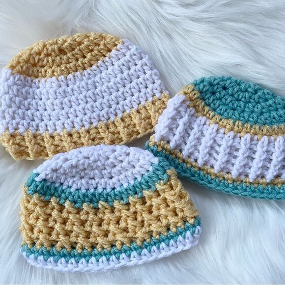 Newborn Baby Crochet Hat Set of 3 Yellow Grey Mint Green 0-3 - Picture 5 of 13